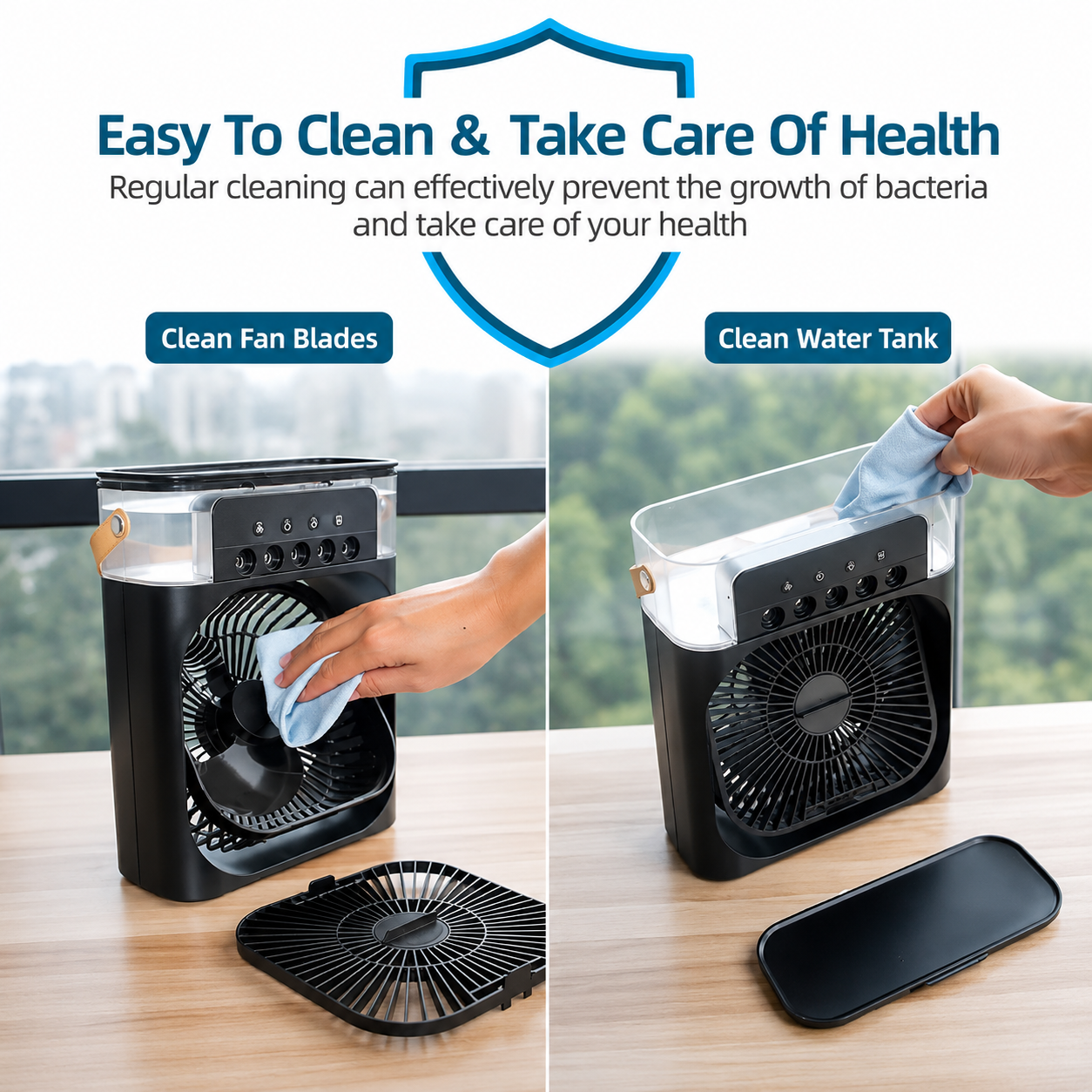 Portable Mini Air Cooler Fan with Mist – Ultra-Quiet Cooling Fan with Water Tank & Night Mode
